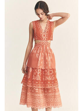 Farm Rio Eyelet Tiered Ruffle Midi Dress